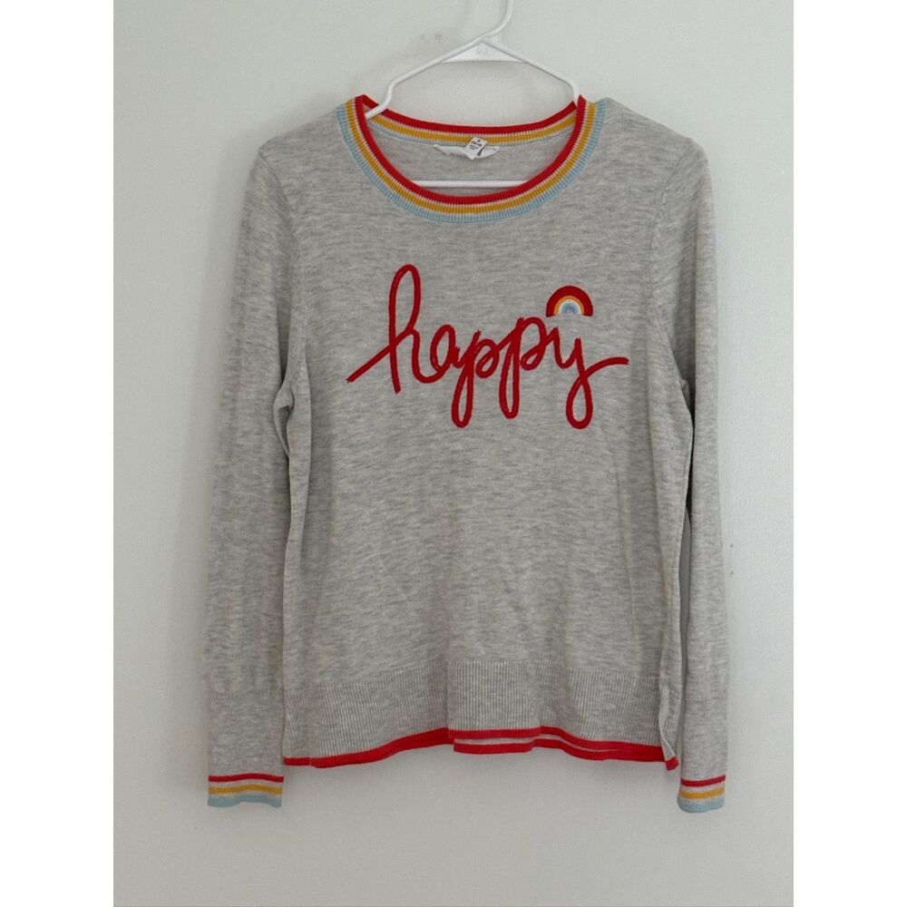 Time and Tru Women's Gray Happy Embroidered Rainbow Sweater Crew Neck